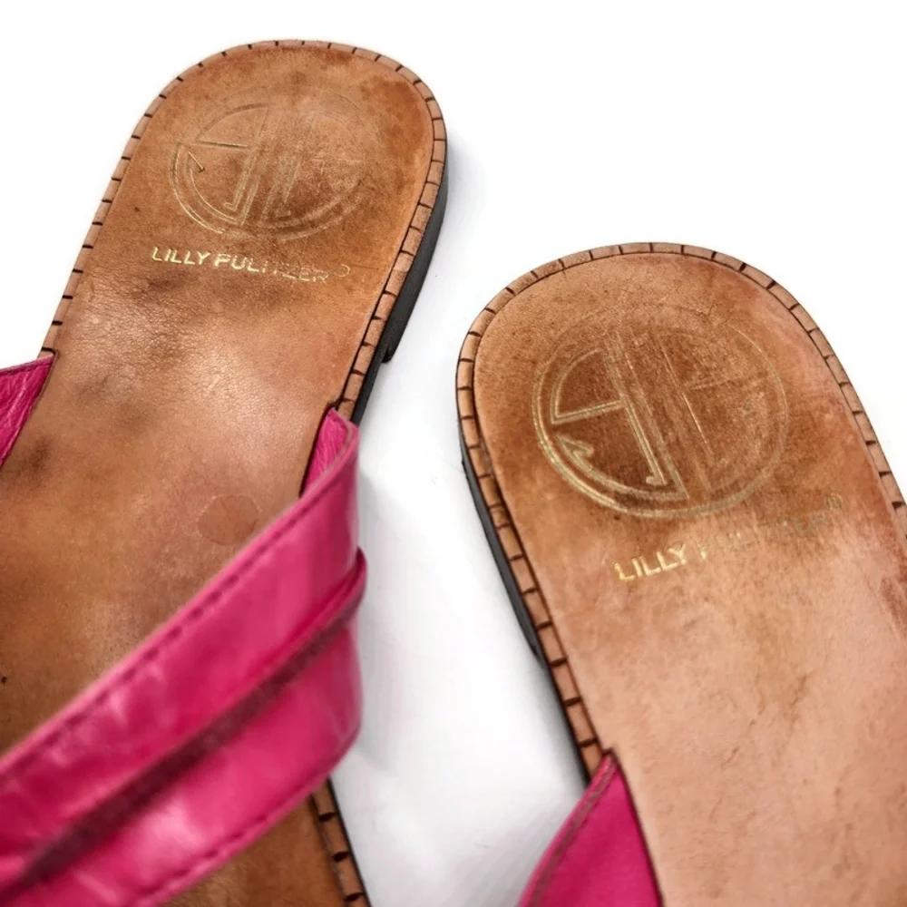Lilly Pulitzer via Palm Beach McKim Pink Leather Gold Ring Thong Slide Sandals